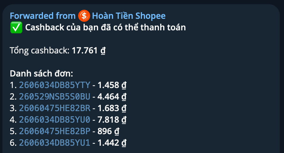 Thông báo cashback qua Telegram