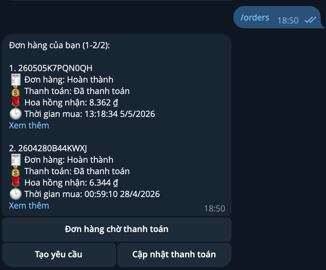 Danh sách đơn hàng trên Telegram