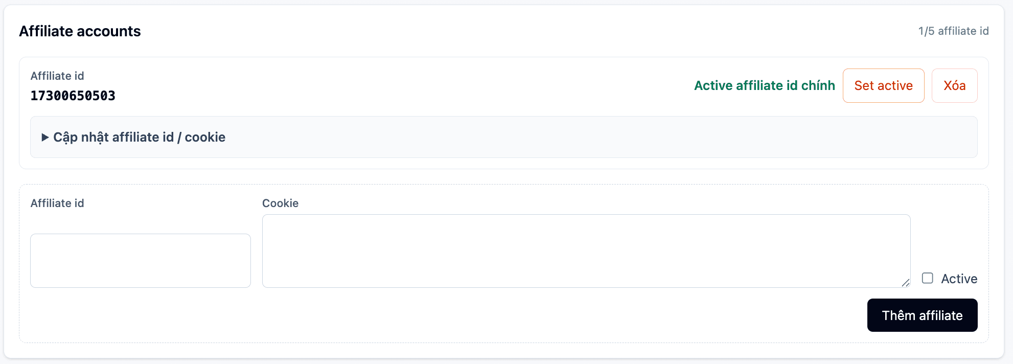 Quản lý tài khoản Affiliate