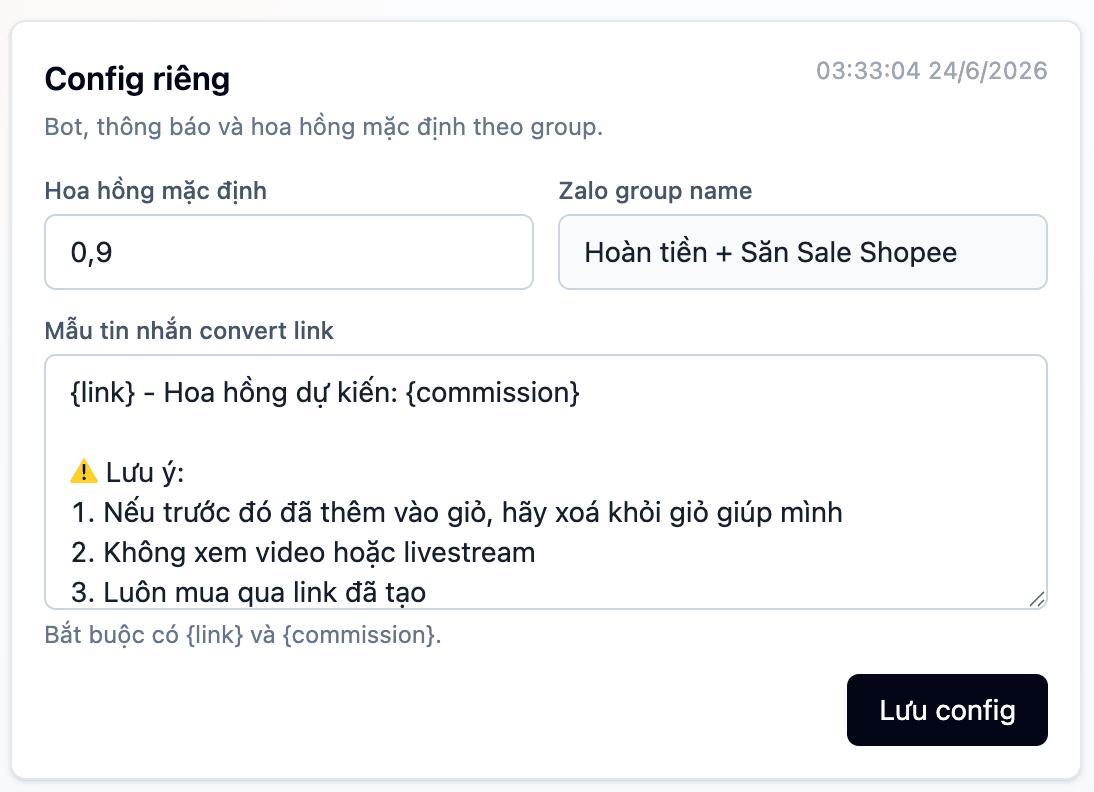 Cấu hình riêng theo nhóm Zalo