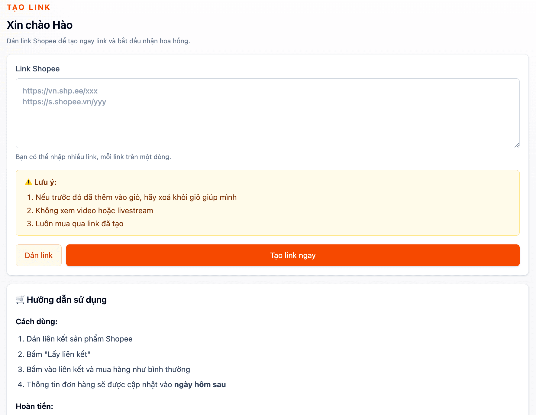 Dashboard quản lý đơn Shopee affiliate