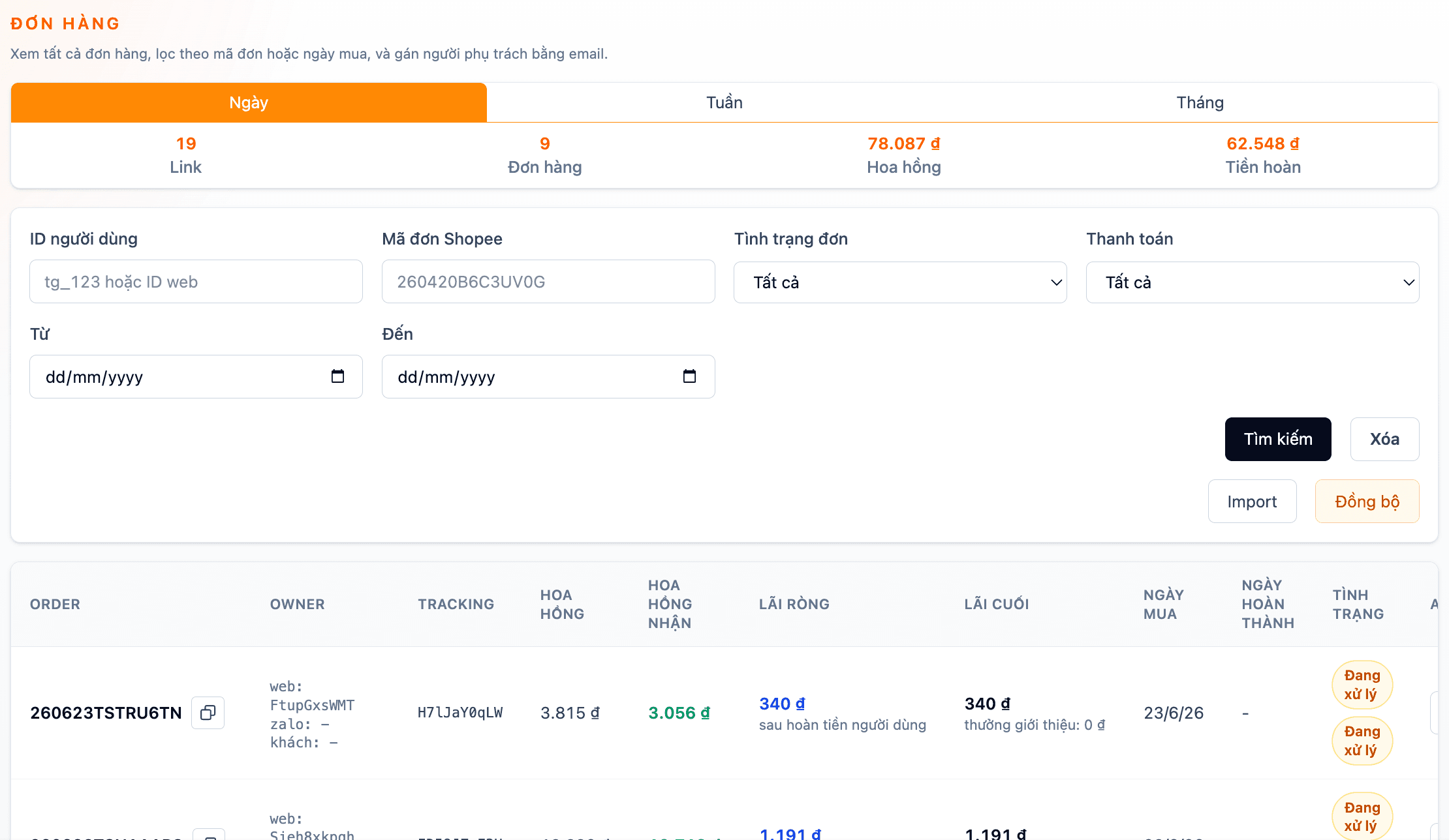Dashboard quản lý user, đơn hàng, hoa hồng, ảnh 1