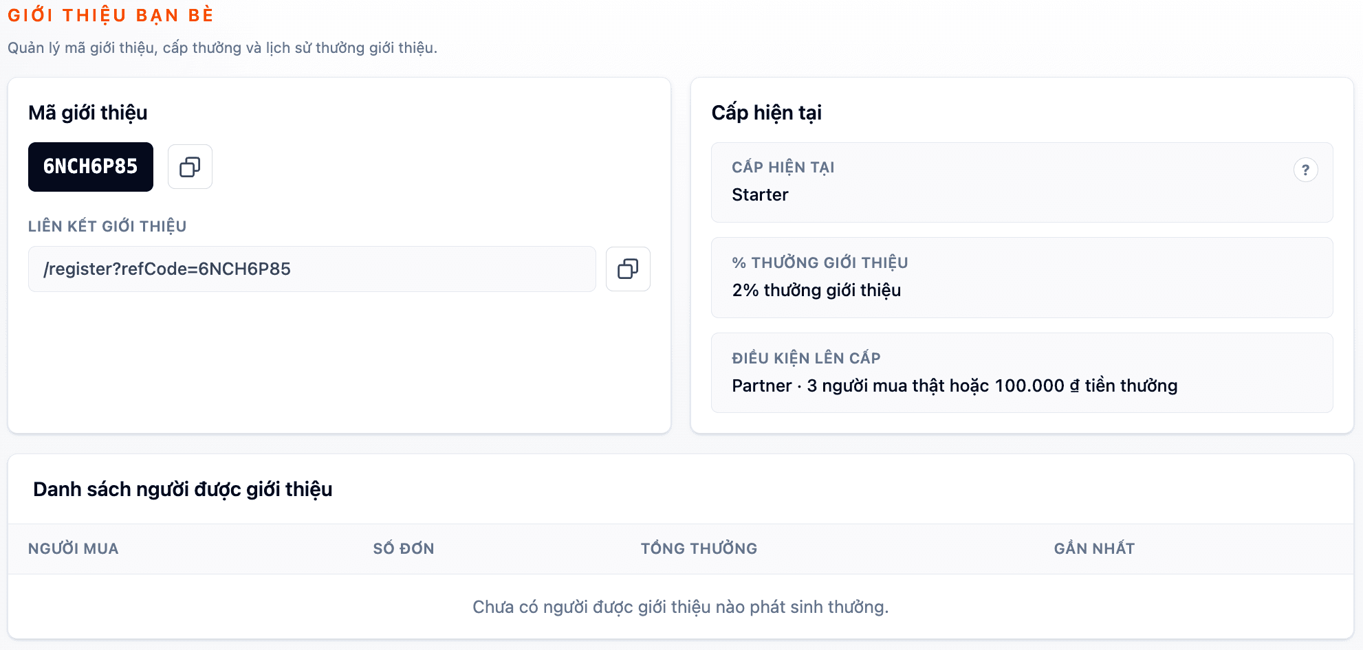 Mã giới thiệu riêng cho từng user