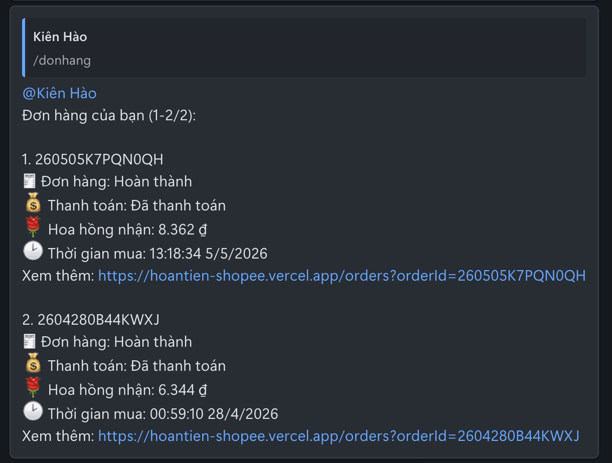 #donhang — Xem đơn hàng ngay trong Zalo