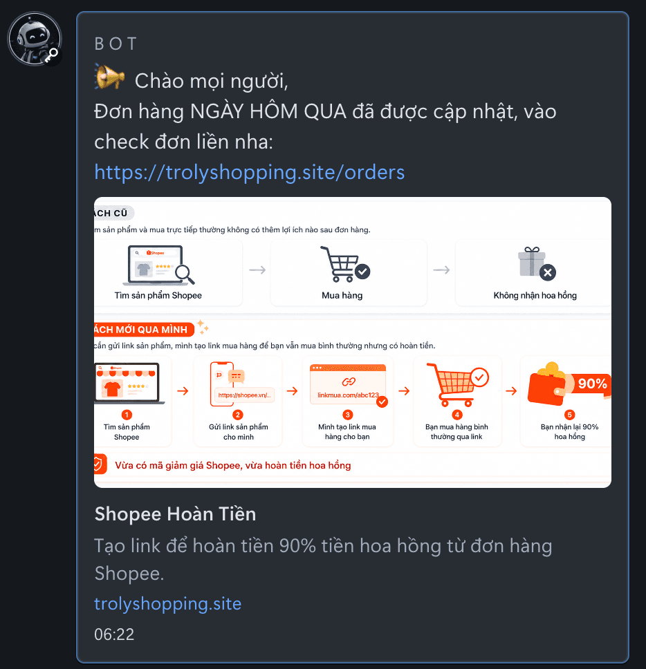 Thông báo đơn mới qua Zalo