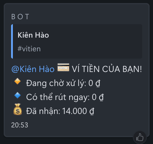 #vitien — Xem số dư ví cashback